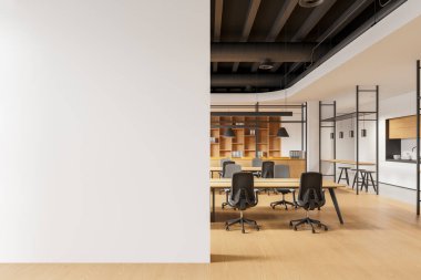 Koltuklu ahşap ofis içi ve sıralı ahşap masalar, bar masası ve dolabı olan mutfak yemek alanı. Boş duvar bölmesini düzenle. 3B görüntüleme