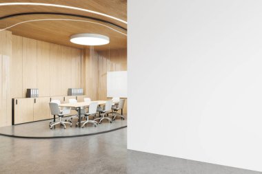 Ahşap konferans manzarası koltuk ve pano, çekmece ve projeksiyon ekranı. Minimalist cam toplantı odası ve boş duvar bölmesi. 3B görüntüleme