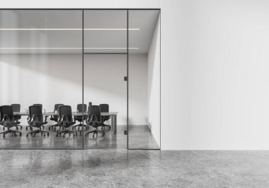 Beyaz cam konferans odası. Koltuklar ve tahta, gri beton zemin. Beyaz toplantı yeri ve iş koridoru. Boş duvar bölmesini düzenle. 3B görüntüleme
