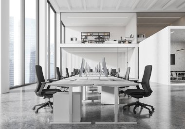 Beyaz ofis içi bilgisayar ve koltukları sıra sıra dizilmiş masalarla dolu. Singapur gökdelenlerinde panoramik penceresi olan iki katlı bir çatı katı. 3B görüntüleme