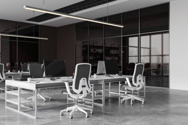 Endüstriyel ofis iç görünümü, ortak çalışma alanı, yan görüş bilgisayarları bölücü ile paylaşılan masalarda. Müzakere için cam konferans odası. 3B görüntüleme