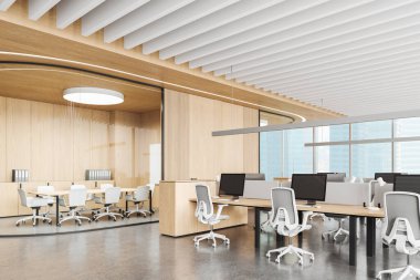 Cam konferans odasıyla ofis içi köşesi manzarası. Beyaz ve ahşap takım bilgisayar ve sandalyelerle birlikte çalışıyor. Singapur gökdelenlerinin panoramik penceresi. 3B görüntüleme