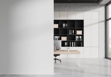 Minimalist masalı modern ofis, klasörlü raflar, ve boş bir duvar, doğal ışık altında, iş yeri kavramı. 3B Hazırlama