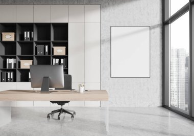 Endüstriyel ofis masası, bilgisayar, gökdelenlerin panoramik penceresi. Raflı ve belgeli Ceo işyeri. Model uzay tuvali posteri. 3B görüntüleme