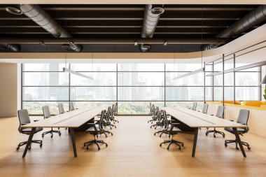 Parlak ofis içi koltuklar ve uzun paylaşılmış masa, ahşap zemin. Cam dinlenme bölgesi ve Bangkok gökdelenlerinde panoramik penceresi olan şık bir çalışma odası. 3B görüntüleme