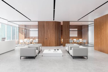 Ofis içi bekleme odası koltukları ve kahve masası resepsiyondaki bilgisayar. Yataklı cam konferans odası. Gökdelenlerin panoramik penceresi. 3B görüntüleme