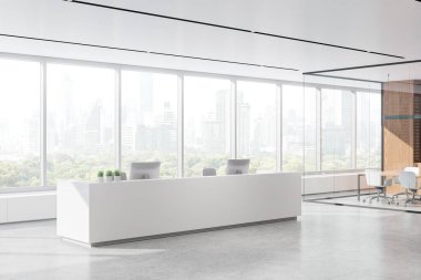 Resepsiyonun iç tarafının köşesinde, masa başında bilgisayar ve beton zemin var. Koltuklu cam konferans odası, gökdelenlerin panoramik penceresi. 3B görüntüleme