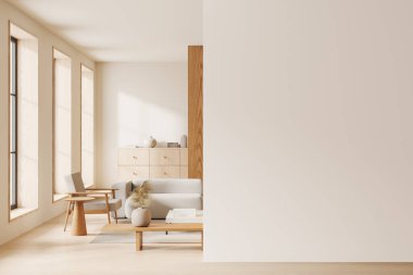 Şık bir oturma odası kanepe ve koltuk, halıda sanat süsü olan kahve masası, ahşap zemin. Panoramik pencere. Boş duvar bölmesini düzenle. 3B görüntüleme