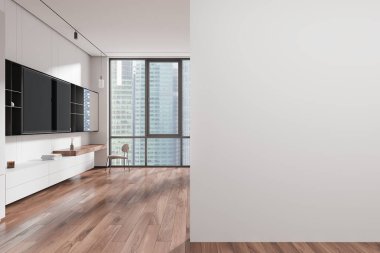 Güzellik masası, televizyon ekranı ve dekorasyonlu bir elbise. Singapur gökdelenlerinin panoramik penceresinin yanındaki ahşap zeminde sandalye. Boş duvar bölmesini düzenle. 3B görüntüleme