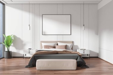 Minimalist mobilyaları, ahşap zemini ve geniş penceresi olan modern bir yatak odası. Çağdaş yaşam kavramı. 3B Hazırlama