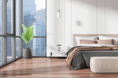 Yatak odası, yatak odası, bank, süslemeli komodin, ahşap döşeme. Singapur gökdelenlerinde panoramik pencereli bir uyku odası. 3B görüntüleme