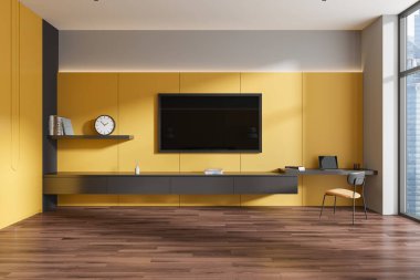 Renkli ev içi oturma odası çalışma masası, sandalye, dizüstü bilgisayar. Büfe ve dekorasyonlu televizyon ekranı. Singapur gökdelenlerinin panoramik penceresi. 3B görüntüleme