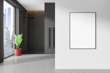 Karanlık ev banyosu. Duş, cam bölme, havlu korkuluğu ve gri beton zemine bitki döşemesi. Gökdelenlerin panoramik penceresi. Bölümdeki tuval posterini taklit et. 3B görüntüleme