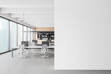 Geniş pencereli, beyaz mobilyalı, minimalist tarzda beton zemin ve şehir manzaralı modern ofis çalışma alanı. Çağdaş ofis tasarımı kavramı. 3B Hazırlama