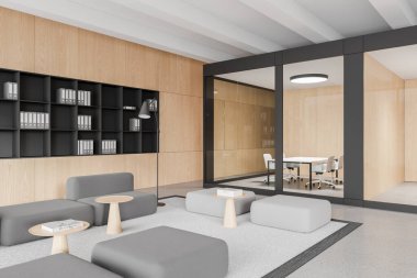 Ofis manzarası, rahat bir yer, kanepe ve klasörlü raf, minimalist mobilyalarla dolu cam konferans odası. İş yerinde çalışma ve dinlenme alanı. 3B görüntüleme