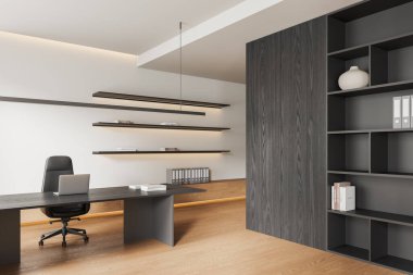 Masası, dizüstü bilgisayarı, rafları, minimalist dekoru, ahşap zemini, modern tarzı, çalışma alanı kavramları olan modern ofis içi. 3B Hazırlama