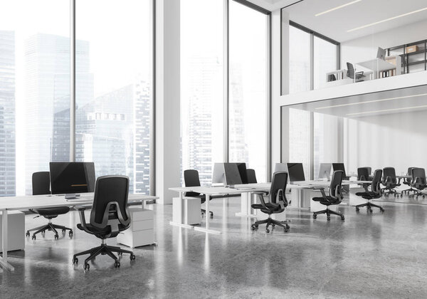 Corner view of coworking interior with pc computers on desk in row, two floors office loft with glass rooms. Industrial workplace with panoramic window on Singapore. 3D rendering