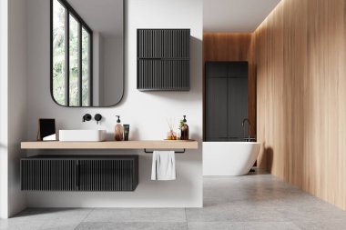 Lavabo, gösteriş ve aksesuarlarla süslü ev banyosu. Duvar bölmesinin arkasında beyaz küvet ve siyah şifonyer. Panoramik pencereli sıcak banyo alanı. 3B görüntüleme 