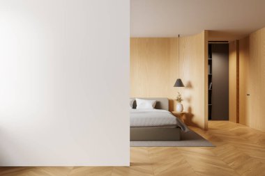 Minimalist yatak odası, ahşap elementler, modern mobilyalar, hafif arka plan, çağdaş ev tasarımı kavramı. 3B Hazırlama