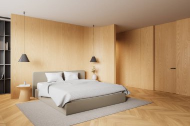 Ahşap otel odası manzarası yatak odası, komodin ve süslemeli raf. Görünmez kapılı uyku odası, ahşap döşeli halı. 3B görüntüleme
