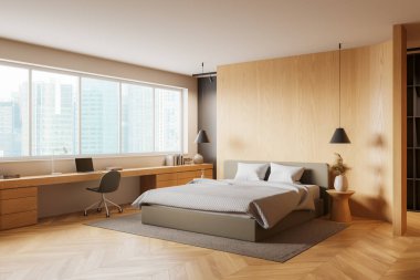 Otelin yatak odası manzarası yatak odası, çalışma masası, dizüstü bilgisayar, ahşap döşeme. Singapur 'da panoramik pencerenin yanında rahat bir iş yeri. 3B görüntüleme