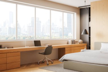 Otelin yatak odası manzarası, çalışma masası ve dizüstü bilgisayarı, halı ve ahşap döşeme üzerinde yatak. İşyeri olan şık bir daire. Bangkok 'ta panoramik pencere. 3B görüntüleme