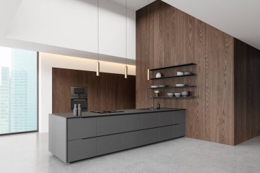 Ahşap mutfak manzarası bar adası, lavabo ve elektrikli soba, tabaklar ve tabaklar raflarda. Gökdelenlerde panoramik pencereli yemek dolabı. 3B görüntüleme