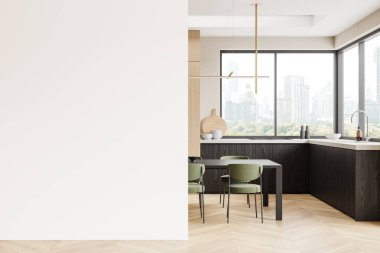 Evdeki ahşap mutfak masası sandalyeli yemek masası mutfak malzemeli yemek dolabı. Bangkok gökdelenlerinin panoramik penceresi. Boş duvar bölmesini düzenle. 3B görüntüleme