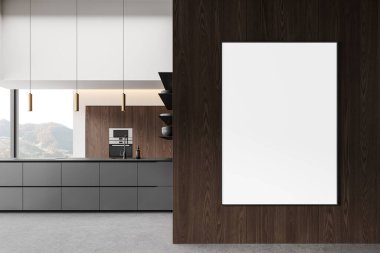 Ahşap ev mutfağı iç bar adası ve yemek dolabı, gri beton zemin. Tabakları ve fırını olan raflar. Kırsal kesimde panoramik pencere. Bölümdeki tuval posterini taklit et. 3B görüntüleme