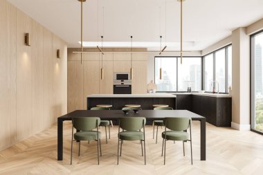 Ahşap ev mutfağı, bar içi adası, sandalyeli yemek masası, mutfak gereçleriyle yemek dolabı. Bangkok gökdelenlerinin panoramik penceresi. 3B görüntüleme