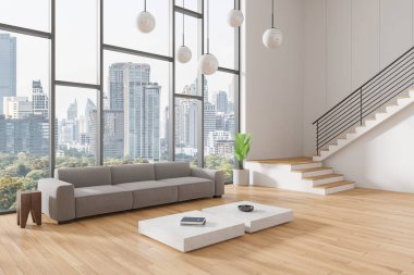 Beyaz ev oturma odasının içinde kanepe, sehpa, dekorasyon ve ahşap döşeme var. Bangkok gökdelenli panoramik pencere. Minimalist rahat bir yer, merdivenleri ve bitkileri var. 3B görüntüleme