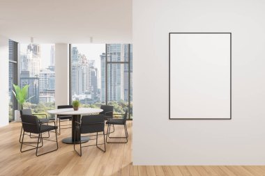 Yuvarlak masalı ve siyah sandalyeli modern yemek odası, ahşap zemin, şehir manzaralı büyük pencereler, ve beyaz duvarlı boş bir çerçeve, ev iç tasarımı. 3B Hazırlama