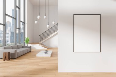 Modern minimalist oturma odası geniş pencereli, ahşap zeminli, gri koltuklu, manzaralı, açık arkaplan. İç tasarım konsepti. 3B Hazırlama