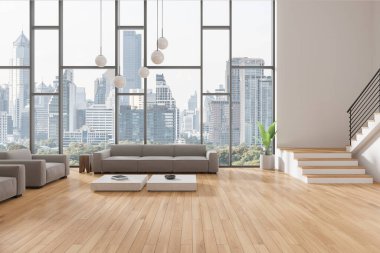 Oturma odasının içinde kanepe ve koltuklar, yerde sehpa. Merdiven ve bitki. Bangkok gökdelenlerinin panoramik penceresinin yanında. 3B görüntüleme