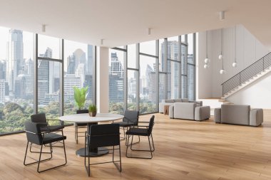 Oturma odasının köşesinde yemek masası, sandalye, kanepe ve koltuklar var. İkinci kata çıkan merdivenler. Bangkok gökdelenlerinin panoramik penceresi. 3B görüntüleme