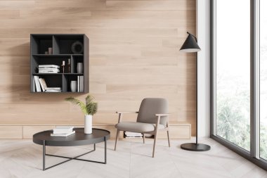 Şık bir oturma odası koltuğu, sehpası, ahşap zemini var. Minimalist mobilyaları ve dekorasyonlu rafları olan rahatlatıcı bir yer. Tropik bölgelerde panoramik pencere. 3B görüntüleme