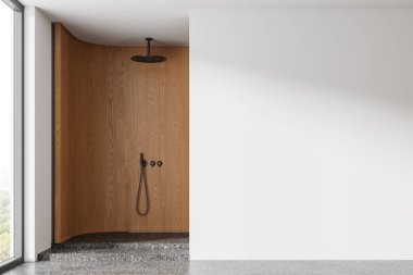 Duş, merdiven ve granit zemini olan ahşap ev banyosu. Bangkok 'taki tavan musluğu ve panoramik pencere. Boş duvar bölmesini düzenle. 3B görüntüleme