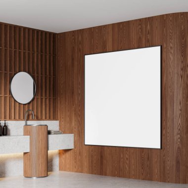 Evin banyo manzarası, lavabo, beton zeminde minimalist aksesuarlar olan taş tezgah. Ahşap duvarda büyük kare bir tuval posteri var. 3B görüntüleme