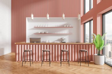 Bar adası olan renkli pembe kafeterya. Taburesi sıralı yemek alanı. Bilgisayarı ve kahve makinesi olan nakit masası, ahşap zemine yerleştirilmiş. Gökdelenlerin panoramik penceresi. 3B görüntüleme