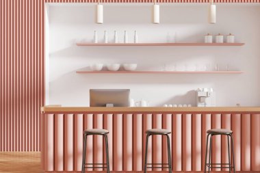 Adanın içi pembe bar, tabure ise ahşap zemin. Bilgisayarlı yemek alanı, nakit masası ve kahve makinesi, bulaşık dolu raflar. 3B görüntüleme