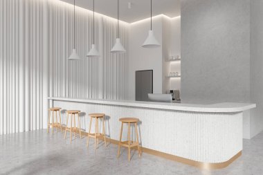 Beyaz duvarları, dört tahta taburesi, yumuşak ortam aydınlatması ve çağdaş tasarımı olan modern minimalist bir bar. 3B Hazırlama
