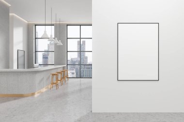 Bar tezgahı, sıra sıra tabure, buzdolabı ve Bangkok gökdelenlerinin panoramik penceresi olan şık bir kafeterya. Duvar bölmesindeki tuval posterini taklit et. 3B görüntüleme