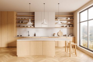 Bar tezgahı ve koltukları olan hafif ev mutfağı modern dairede tabak ve mutfak gereçleri olan ahşap mutfak dolabı. Kırsal kesimde panoramik pencere. 3B görüntüleme