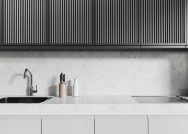 Lavabo, elektrikli soba ve minimalist mutfak gereçleri olan şık bir ev mutfağı. Mutfak dolabı, bıçaklı hafif kuvars tezgahı. 3B görüntüleme