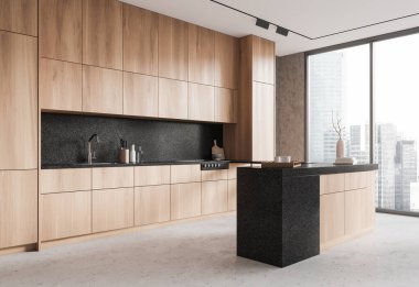 Mutfak manzarası, bar tezgahı, gri beton zemin. Gökdelenlerin panoramik penceresinin yanındaki yemek odası ve yemek odası. 3B görüntüleme