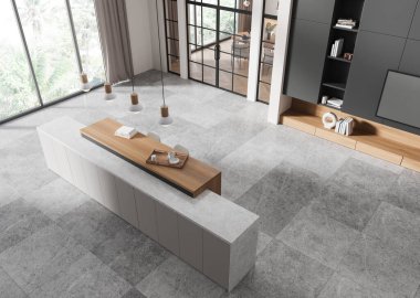 Bar tezgahı ve cam kapılar ardında yemek alanı olan ev mutfağı manzarası. Büfe ve dekorasyonlu televizyon alanı. Tropik bölgelerde panoramik pencere. 3B görüntüleme