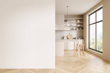 Bar adası ve tabureli ev mutfağı, bulaşıklı dolap. Havalı bej yemek alanı ve gökdelenlerin panoramik penceresi. Boş duvar bölmesini düzenle. 3B görüntüleme