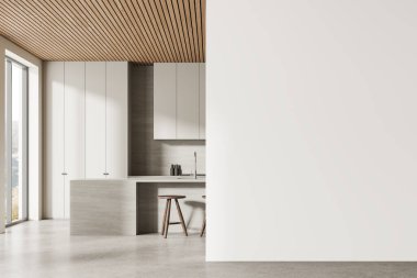 Bej ev mutfağı, taş bar adası ve koltukları beton zeminde mutfak gereçleri olan bir dolap. Panoramik pencereli yemek ve pişirme alanı. Boş duvar bölmesini düzenle. 3B görüntüleme