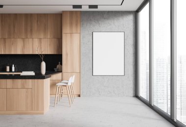 Bar tezgahı, taburesi, beton zemini olan şık bir ev mutfağı. Dolap ve gökdelenlerin panoramik penceresiyle yemek pişirme alanı. Tuvalin posterini hazırla. 3B görüntüleme