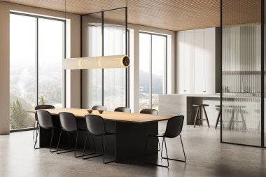 Ev mutfağı manzarası ahşap yemek masası, sandalyeler, cam bölme ve yemek dolabı olan bar adası. Kırsal kesimde panoramik pencere. 3B görüntüleme